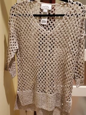Joseph Ribkoff Silver Open-Knit V-Neck Sweater